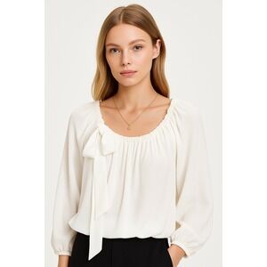 Zara‎ Woman White Blouse Long Sleeve Ruched Neck Tie Bow Size S